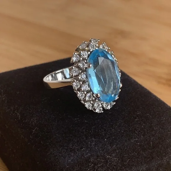Statement Simulated Crystal Diamond & Blue Stone Marked “925 Spain” Ring - Picture 3 of 11